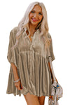 Pale Khaki 3/4 Sleeve Tunic Babydoll Velvet Shirt-Tops-MomFashion