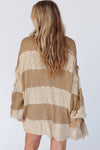 Khaki Stripe Lantern Sleeve Fringed Open Cardigan-Tops-MomFashion