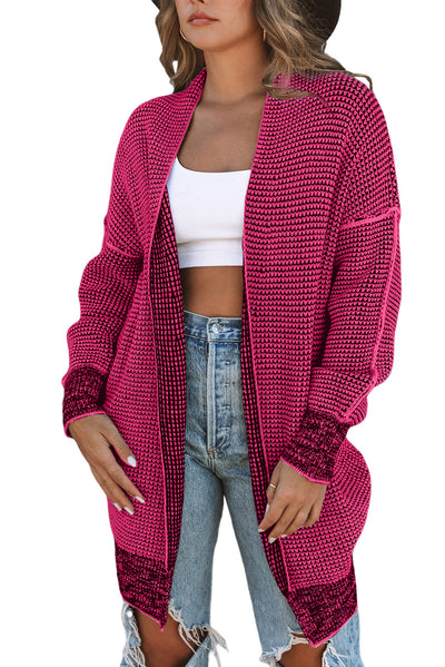 Rose Plaid Knitted Long Open Front Cardigan-Tops-MomFashion