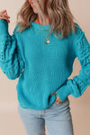 Turquoise Ruffled Eyelet Bubble Sleeve Sweater-Sweaters & Cardigans/Sweaters-MomFashion