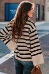 Khaki Striped Mock Neck Bell Sleeve Knit Sweater-Tops-MomFashion