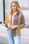 Brown Dot Print Long Sleeve Button Down Shift Shirt-Tops-MomFashion