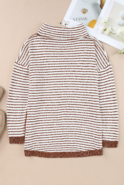 Brown Striped Turtleneck Loose Sweater-Tops-MomFashion