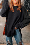 Black Drop Shoulder Ribbed Trim Oversized Sweatshirt-Tops-MomFashion