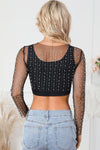 Black Pearl and Rhinestone Detail Sheer Mesh Top-Tops-MomFashion