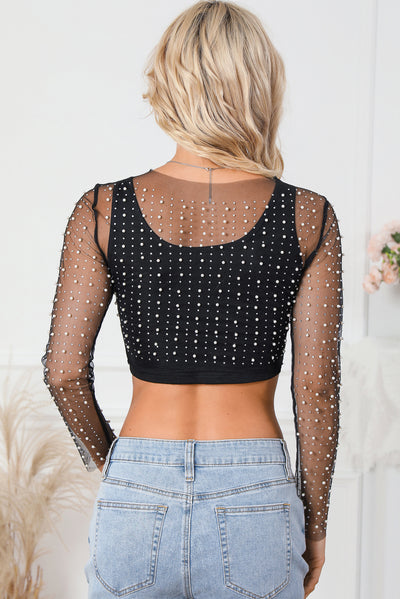 Black Pearl and Rhinestone Detail Sheer Mesh Top-Tops-MomFashion