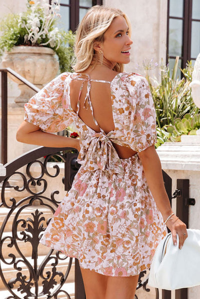 White Floral Print Bow Knot Backless Square Neck Mini Dress-Dresses-MomFashion