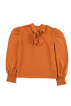 Orange Long Bubble Sleeve Mock Neck Chiffon Blouse-Tops-MomFashion