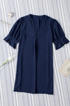 Blue Ruffled Sleeve Shift Dress-Dresses-MomFashion