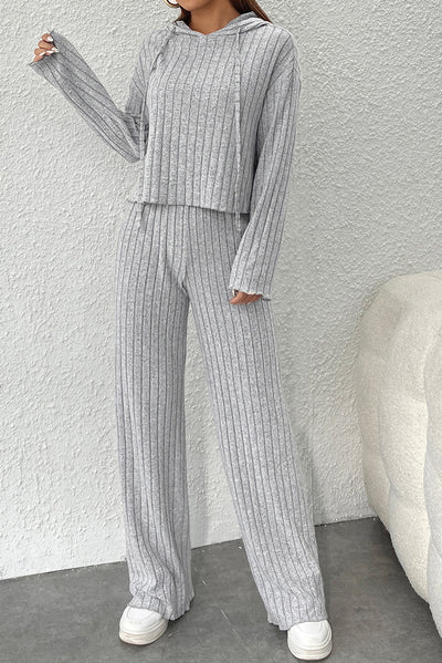 Gray Ribbed Knit Slouchy Hoodie Wide Leg Pants Set-Loungewear-MomFashion