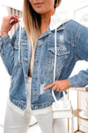 Sky Blue Distressed Contrast Hooded Denim Jacket with Pockets-Outerwear-MomFashion