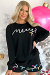 Black Sequin Merry Graphic Pullover and Shorts Outfit-Two Piece Sets/Short Sets-MomFashion