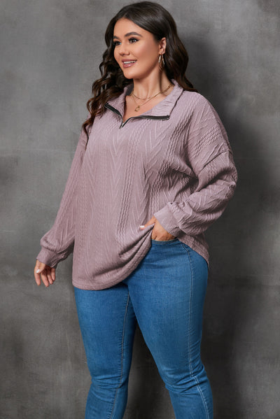 Plus Size Textured Knit Zip Neck Pullover-Plus Size-MomFashion