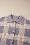 Sky Blue Fuzzy Plaid Collared Button Up Cardigan-Tops-MomFashion