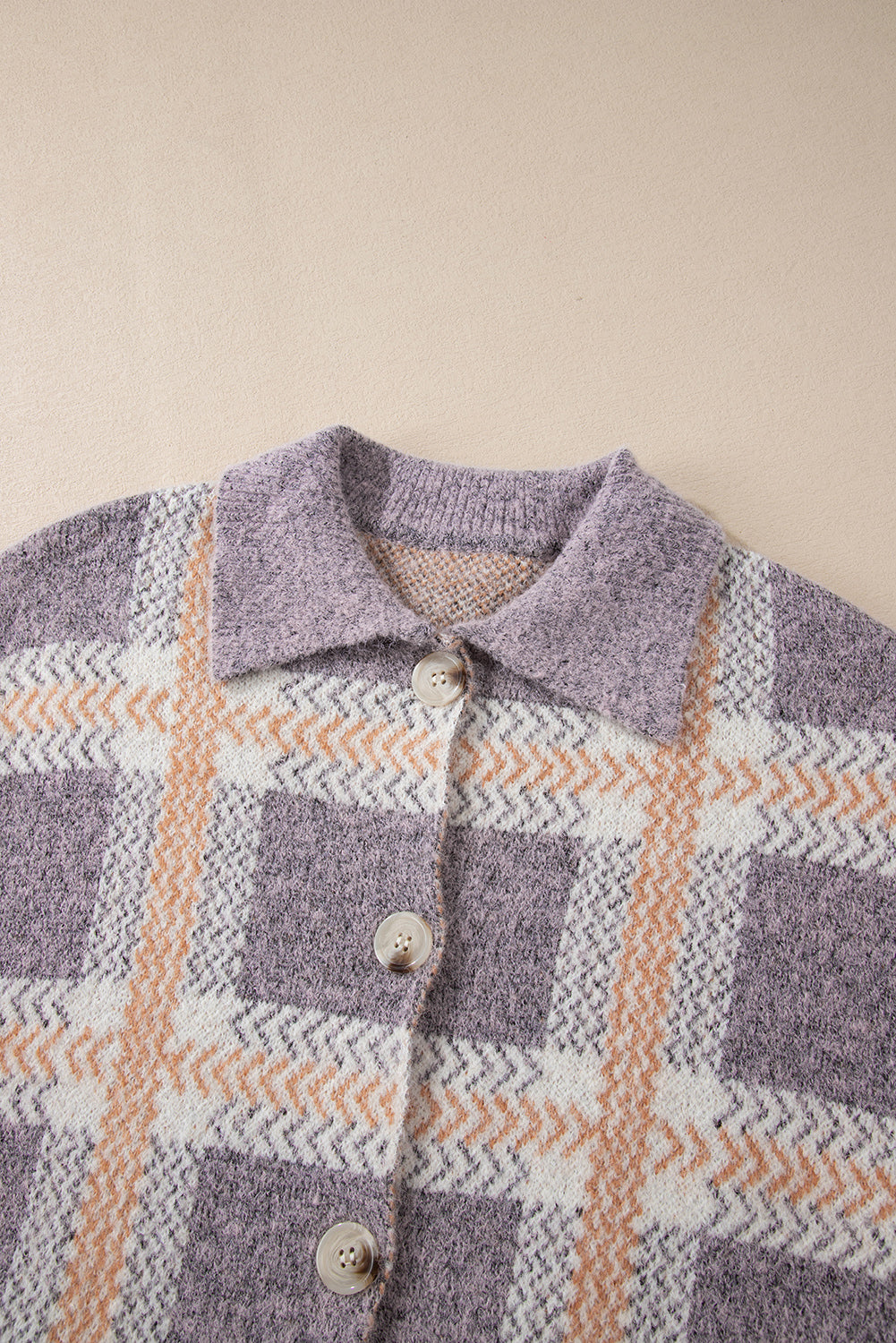 Sky Blue Fuzzy Plaid Collared Button Up Cardigan-Tops-MomFashion