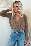 khaki Wrap V Neck Pleated Long Sleeve Bodysuit-Tops-MomFashion