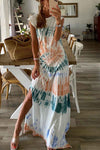 White Cap Sleeve Tie Dye Long Slit Dress-Dresses-MomFashion