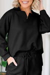 Black Solid Textured Collared V Neck Top and Wide Leg Pants Set-Two Piece Sets/Pant Sets-MomFashion