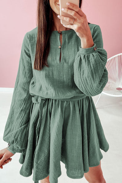 Jungle Green Button Neck Puff Sleeve Belted Pleated Mini Dress-Dresses-MomFashion