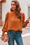 Orange Long Bubble Sleeve Mock Neck Chiffon Blouse-Tops-MomFashion