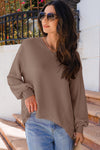 Coffee Waffle V Neck Long Sleeve Drop Shoulder Loose Blouse-Tops/Blouses & Shirts-MomFashion
