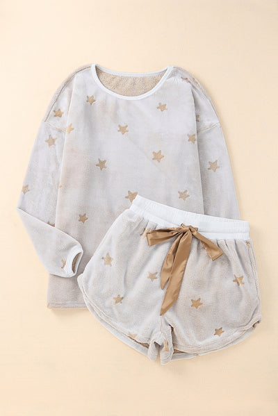 White Plush Star Pattern Long Sleeve Pullover and Shorts Lounge Set-Loungewear-MomFashion