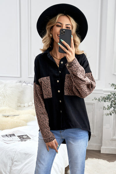 Black Contrast Leopard Denim Jacket-Outerwear-MomFashion