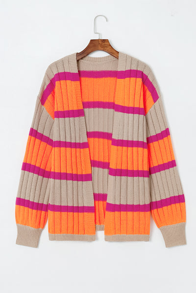 Orange Striped Colorblock Drop Shoulder Slouchy Cardigan-Tops-MomFashion