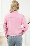 Pink Acid Wash Button Flap Pocket Denim Jacket-Outerwear-MomFashion