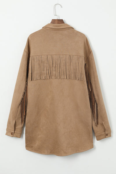 Khaki Fringe Trim Plus Size Suede Shacket-Plus Size-MomFashion