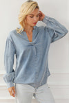 Sky Blue Split V-Neck Balloon Sleeve Ruched Denim Top-Tops-MomFashion