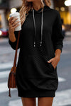 Black Drawstring Kangaroo Pocket Quilted Hooded Dress-Dresses-MomFashion