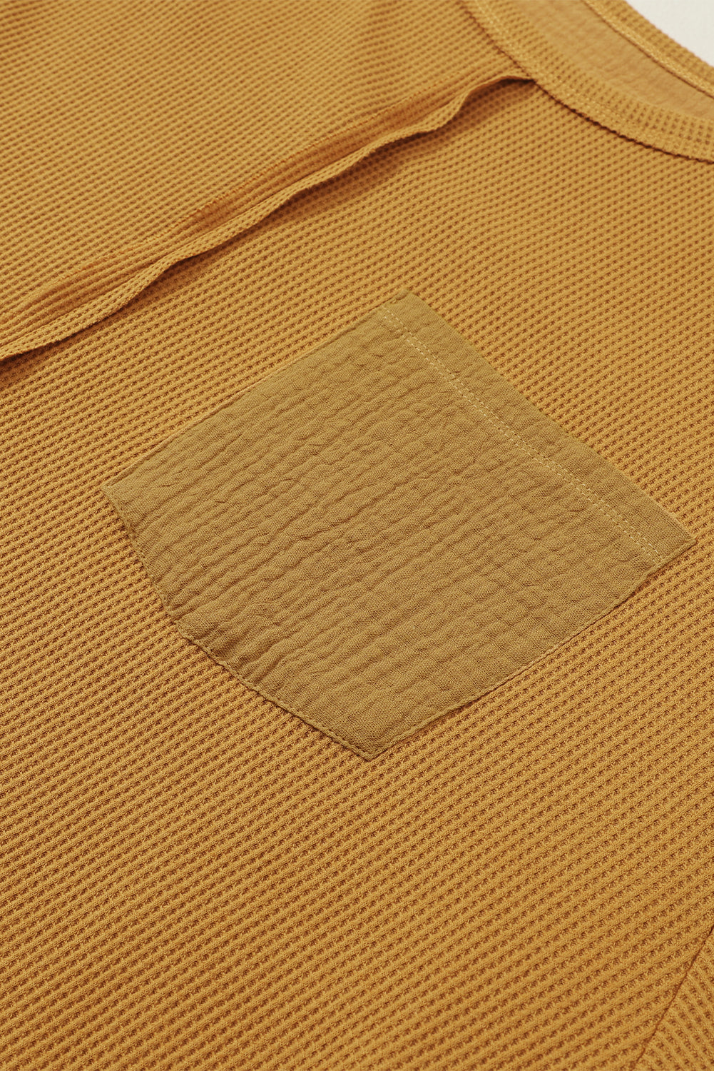 Exposed Seam Patchwork Bubble Sleeve Waffle Knit Top-Tops-MomFashion