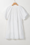 White Puff Sleeve Drawstring Shirt Dress with Pockets-Dresses-MomFashion