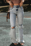 Light Blue Distressed Light Washed Slit Knee Flared Jeans-Bottoms-MomFashion