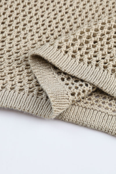 Khaki Hollow-out Knit Long Sleeve Top-Tops-MomFashion