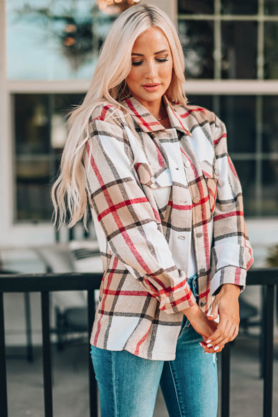 Khaki Plaid Print Buttoned Shirt Coat with Pocket-Outerwear-MomFashion