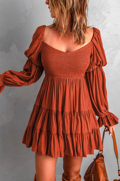 Brown Boho Solid Shirred Ruffle Mini Dress-Dresses-MomFashion