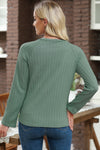 Green Ribbed Round Neck Knit Long Sleeve Top-Tops-MomFashion