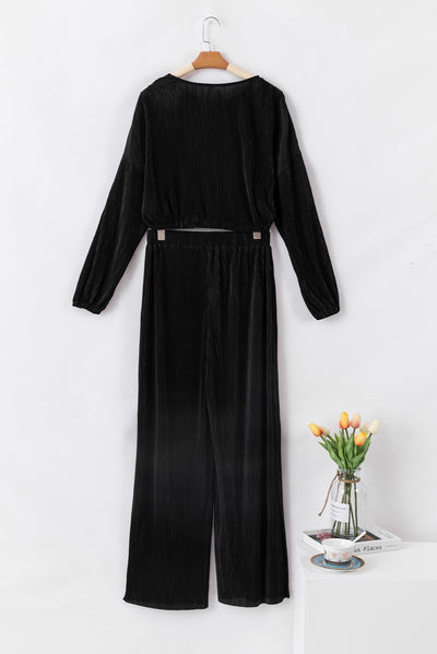 Black Corded Cropped Pullover and Wide Leg Pants Set-Loungewear-MomFashion