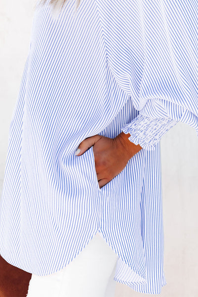 Sky Blue Smocked Cuffed Striped Boyfriend Shirt with Pocket-Tops-MomFashion