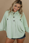 Green Plus Size Ribbed Pocketed Long Sleeve Henley Top-Plus Size-MomFashion