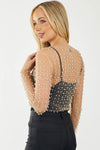 Apricot Pearl and Rhinestone Detail Sheer Mesh Top-Tops-MomFashion