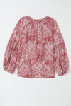 Fiery Red Pleated Lantern Sleeve Abstract Print Blouse-Tops-MomFashion