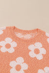 Grapefruit Orange Fuzzy Floral Knitted Drop Shoulder Sweater-Tops-MomFashion