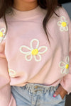 Pink Chenille Daisy Stitching Crew Neck Sweater-Tops-MomFashion