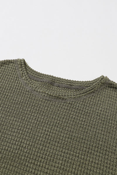 Green Waffle Knit High Slits Oversized Top-Tops-MomFashion