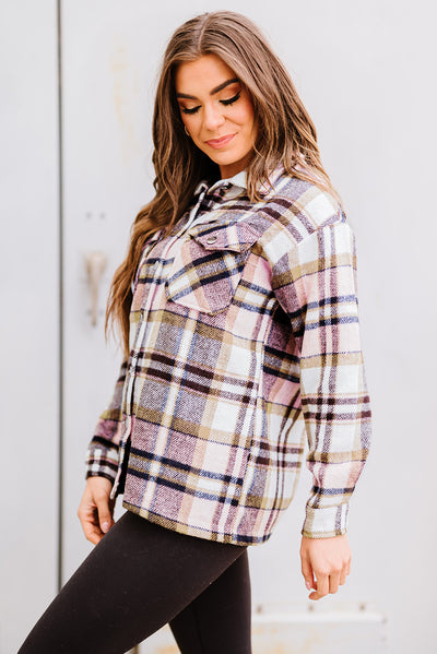 Pink Geometric Plaid Print Pocketed Shacket-Outerwear-MomFashion