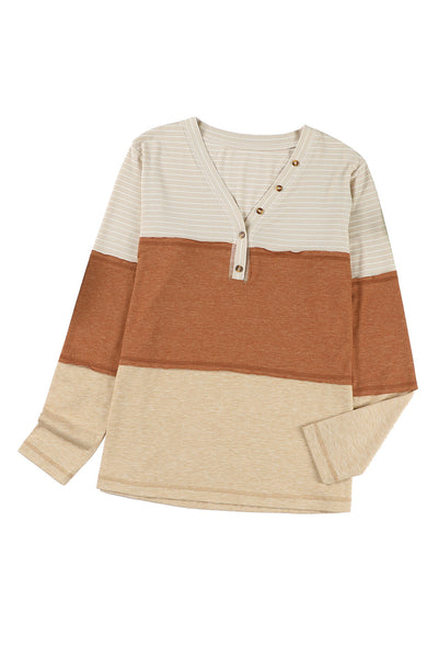 Orange Striped Color Block Henley Top-Tops-MomFashion