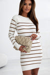 Stripe Button Ribbed Detail Mini Sweater Dress-Dresses-MomFashion